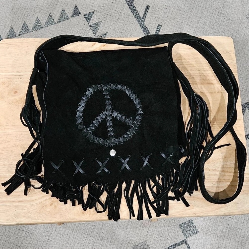 Genuine Suede & Leather Peace Sign Stitched Black Purse